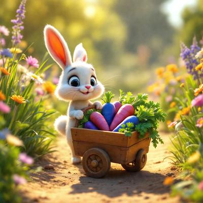 Primary subject: A cartoon bunny holding a basket of vegetables.

Setting/background: A dirt path surrounded by flowers.

Visual style: Digital art.

Colors and mood: The image is colorful and cheerful, with the bunny and the flowers creating a lively and playful atmosphere.